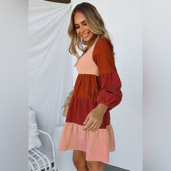 Color Block Square Neck Tiered Dress Pink/Tangerine - Picture 4 of 12